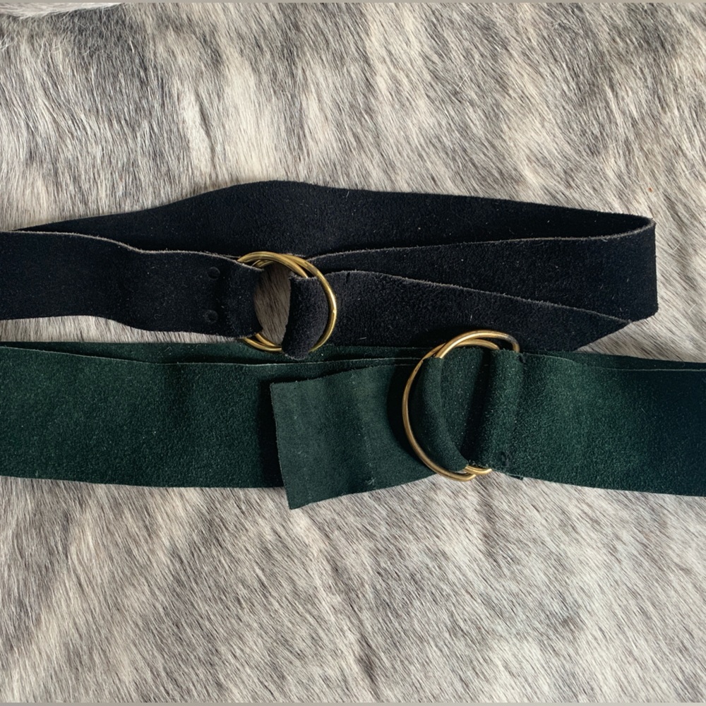 Black and green suede belts.  Kim Craftsmen. Green-28”, Black belt 29 1/2”